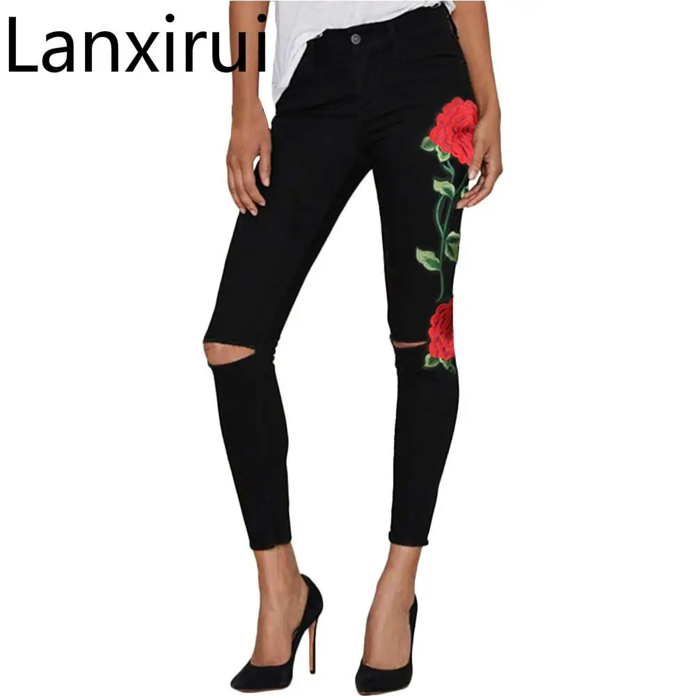 

Lanxirui Neue Hohe Taille Schwarz Stickerei Jeans Ohne Zerrissene Frau Fashion Floral Denim Hosen Hosen Fur Frauen Jeans Sep27