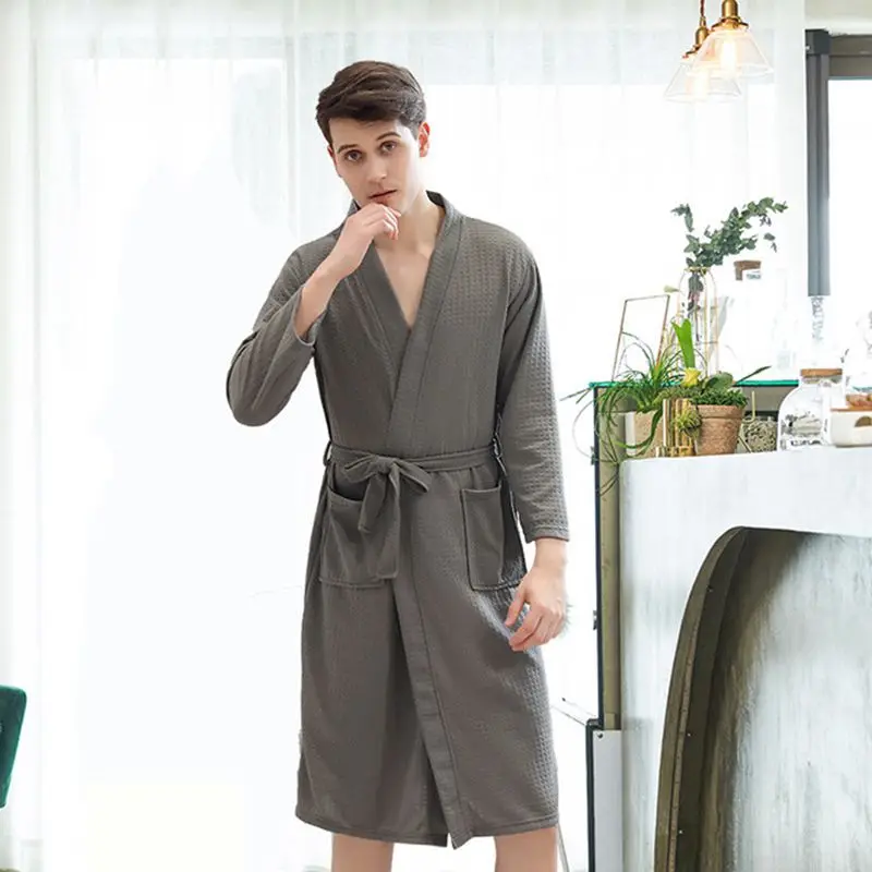men gray Мужская Ночная рубашка тонкий секционный халат для пар wo для мужчин вафельный домашний купальный костюм пижамы большого размера банный халат мужские халаты - Цвет: men gray