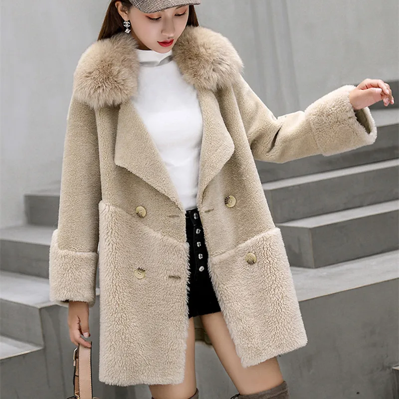 Real Fur Coat Women Clothes Autumn Winter Sheep Shearing Wool Jacket Fox Fur Collar Coats and Jackets Women 1819 YY1700