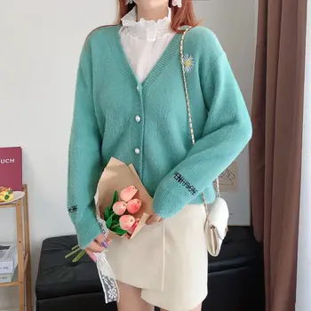 

2020 Pink Cardigan Womens Sweaters Korean Crop Sweater Button Sexy V Neck Cropped Sweater Cute Knitted Sweater Streetwear