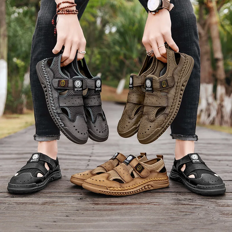 Men's Sandals Male Shoes Leather Mesh Stitching Summer Men Shoes Beach Sandals Fashion Outdoor Casual Sneakers Footwear 38-46