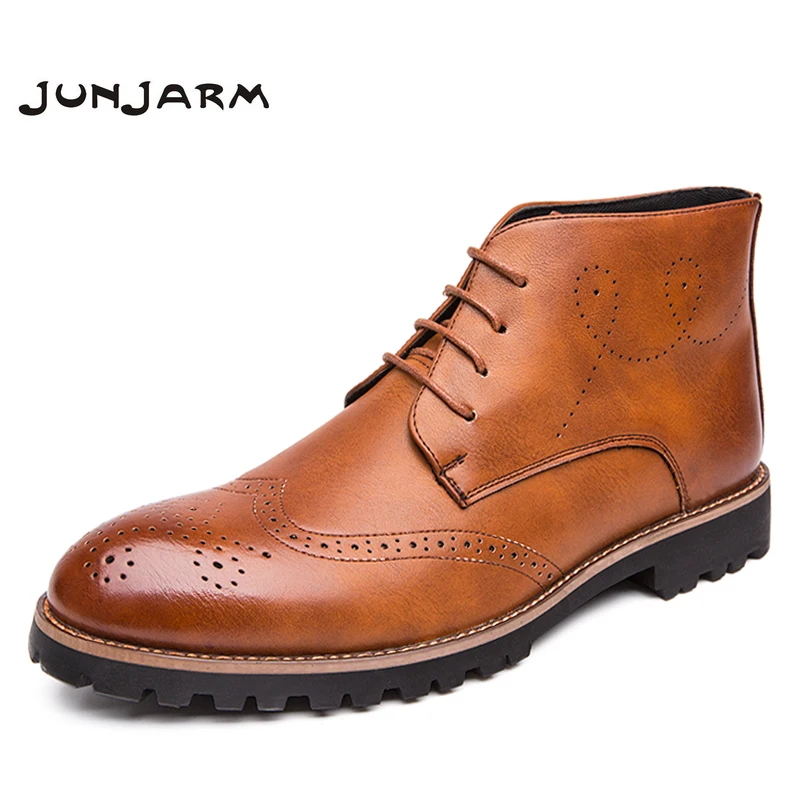 JUNJARM/мужские ботинки из натуральной кожи высокого качества; модные мужские Ботильоны; ботинки для верховой езды; уличные рабочие ботинки; мужские ботинки с перфорацией типа «броги»