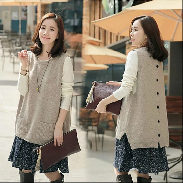 

Autumn Split Loose Knitted Vests Pockets Back Single Breasted Sleeveless Sweaters Women Casual Long Waistcoat