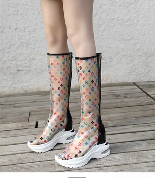 

Women Knee High Boots Heel Wedge Round Toe Leisure Transparent Print Shoes PVC Clear Super High C301