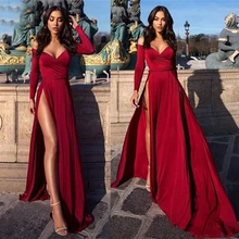 Спандекс с открытыми плечами, длинный рукав, платья для выпускного вечера, высокий разрез, v-образный вырез, длинные официальные свадебные вечерние платья