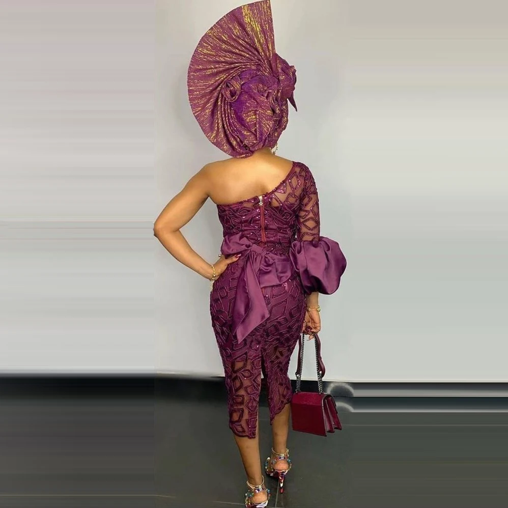 Новая коллекция Aso Ebi платья для выпускного вечера фиолетовые Вечерние платья на одно плечо с длинным рукавом