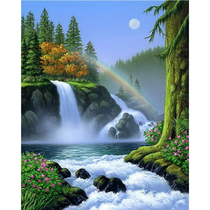 painting by number17 Пейзаж живопись по номерам краски по номерам для взрослых DIY Раскраска по номерам масляные пронумерованные картины водопад - Цвет: painting by number17