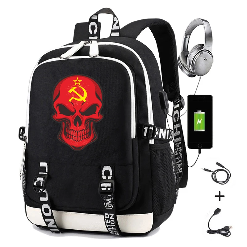 

CCCP Backpack Print Red Skull for Women Laptop Bags with Usb Charging Men Travel Backpack Multifunction School Student Bag