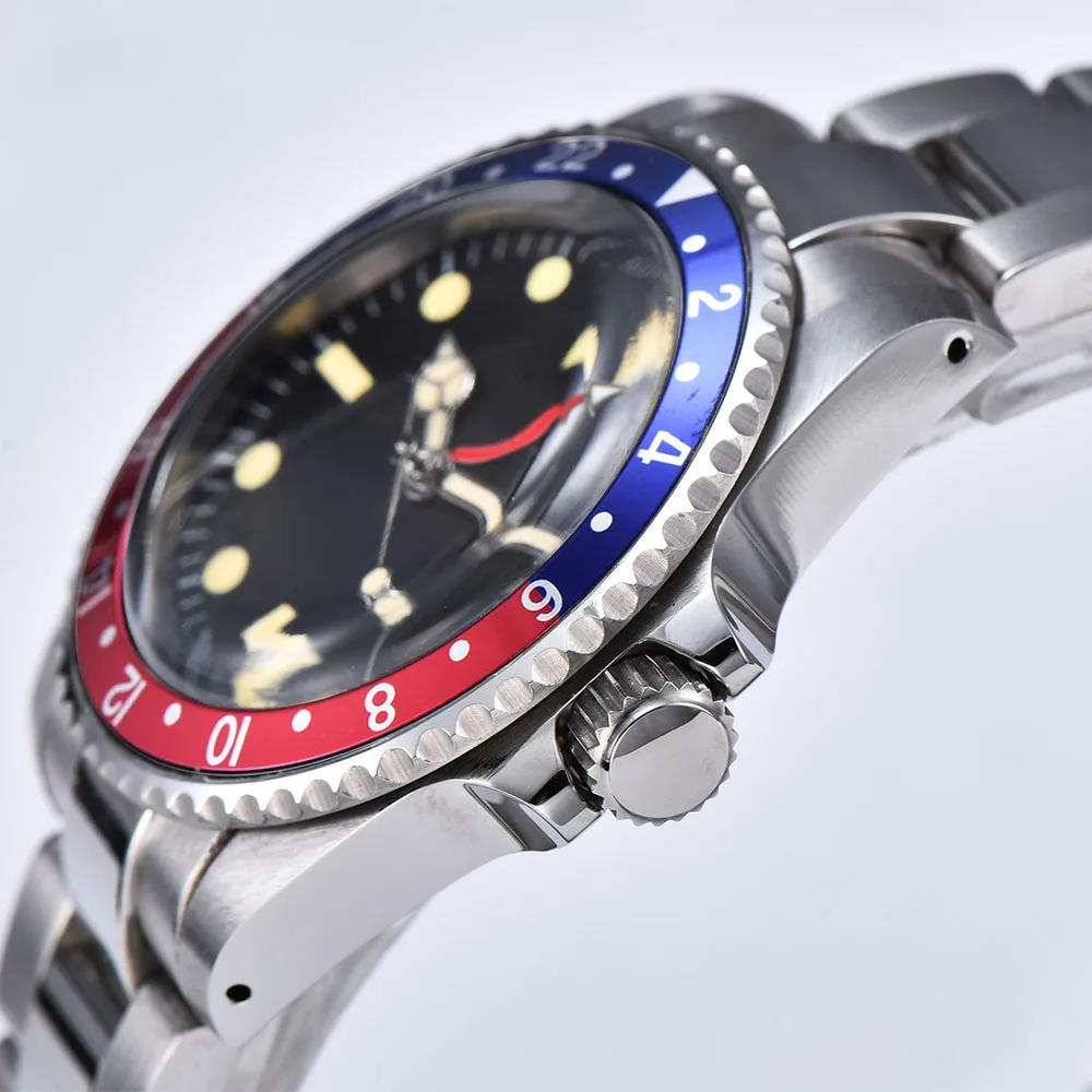 Часы GMT Мужские автоматические светящиеся часы со стальным корпусом 40 мм механические часы алюминиевый ободок матовый браслет 1020