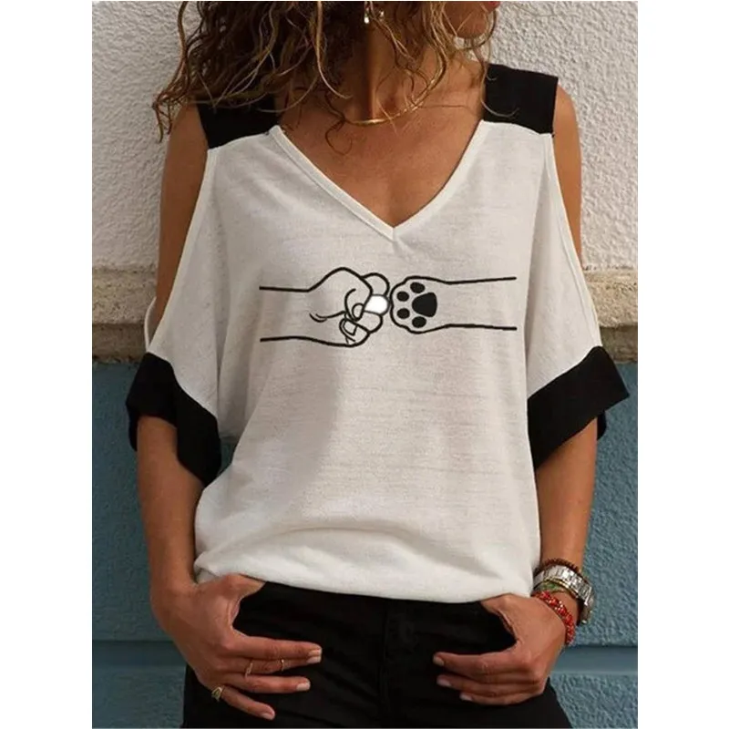2021 Women's Summer Strapless Bat Sleeve Explosion Models Fist Cat Claw Print V-Neck Urban Casual Short-Sleeved T-Shirt