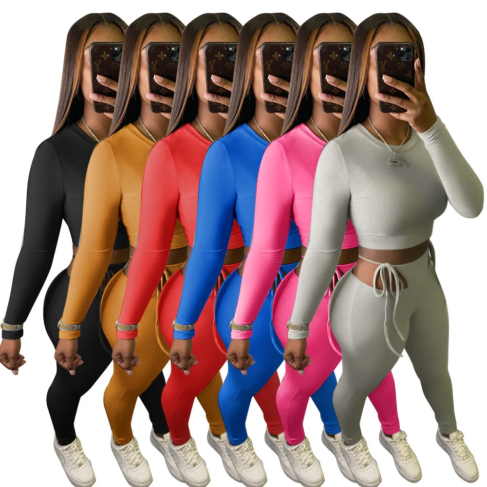 

Solid Color Sexy Crop Tshirts Tops and Sweatpants Joggers Women Two Piece Outfits Slim Casual 2020 Underfined Winter Clothes