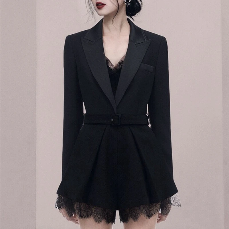 

2020 Spring Business Black Playsuits V-Neck Patchwork Lace Long Sleeve Come With Belt OL Jumpsuits Black Blazer Rompers Mujer
