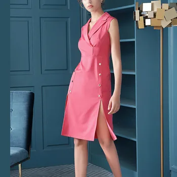 

LANMREM Solid Color Suit Collar Sleeveless Row Button Split Satin Office Ladies Vest Dress Simple Fashion 2020 Summer New TV179