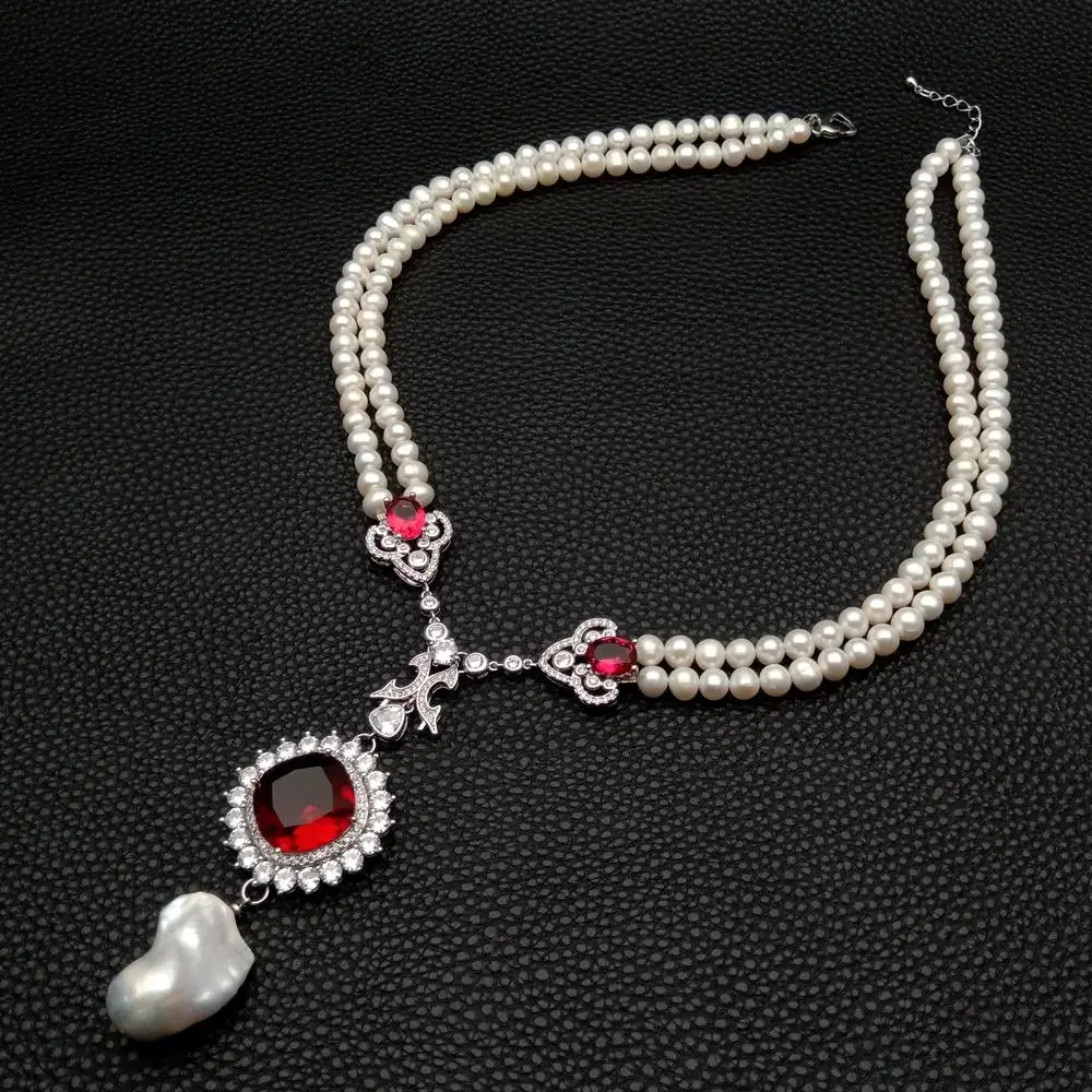 

Y·YING 2 Rows White Pearl Necklace Fuchsia Cubic Zirconia Pave Keshi Pearl Pendant 19"