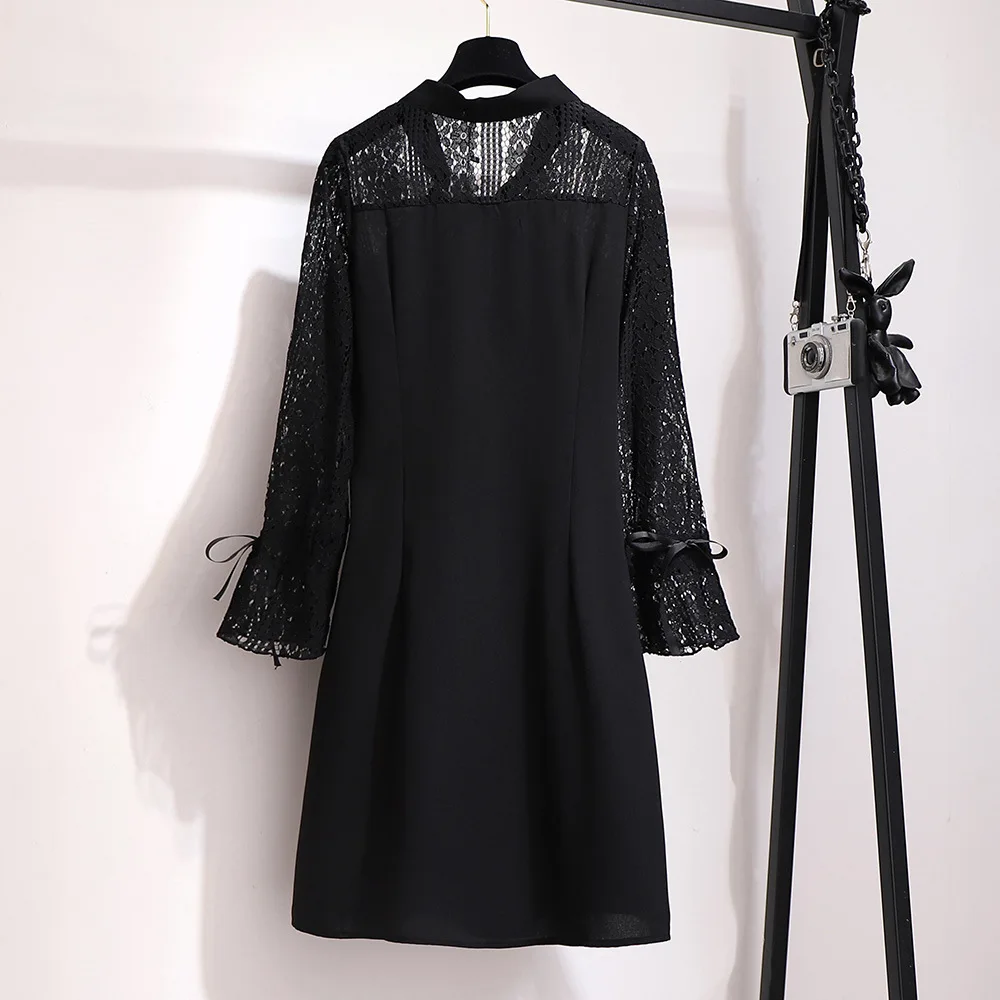 Осень-зима, женское платье размера плюс, большие свободные повседневные кружевные платья с длинным рукавом и v-образным вырезом, черные 4XL 5XL 6XL 7XL
