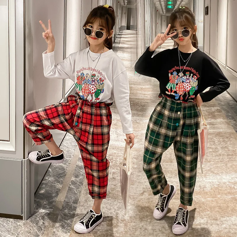 

2020 Spring And Autumn Girls Korean-style CHILDREN'S Suit Cartoon Printed Base Shirt Plaid Pants Children Two-Piece Set