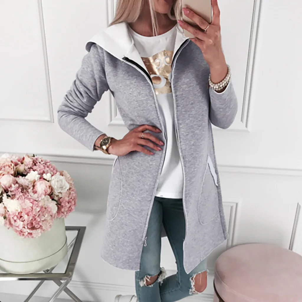 

Hoodies Sweatshirt Women Casual Coat Outwear Pocket Overcoat Hooded Jacket Autumn Winter Solid Long Sweatshirt Female Coat