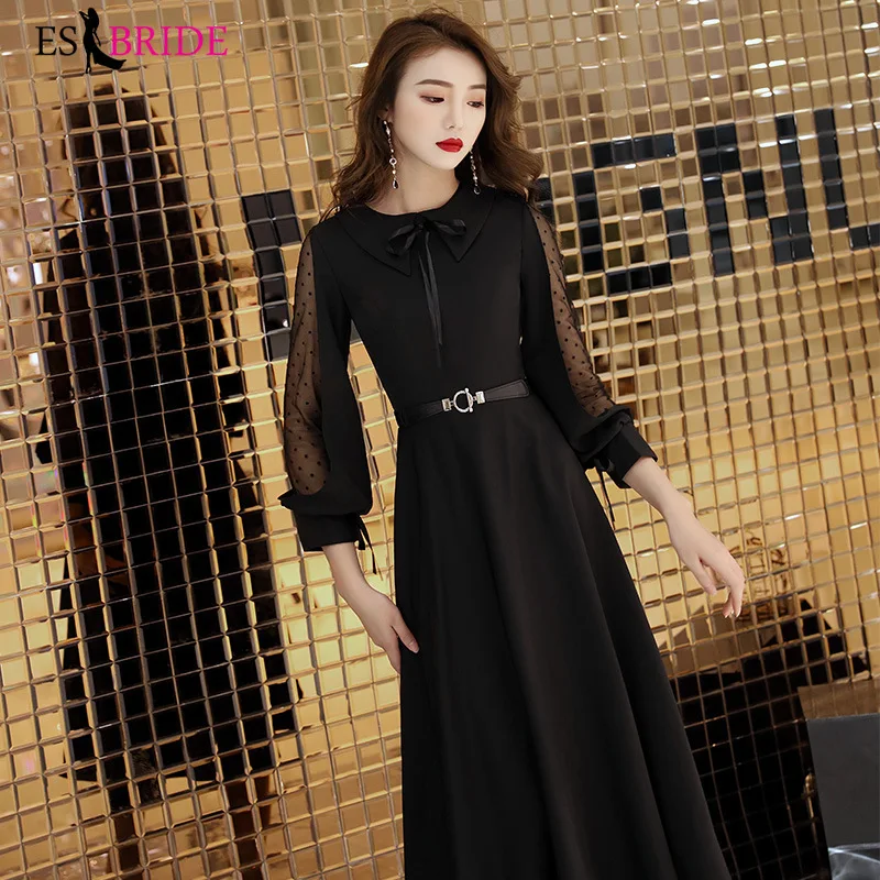 Черное вечернее платье на день рождения, длинное вечернее платье для женщин, элегантное вечернее платье с круглым вырезом, вечерние платья ES2468