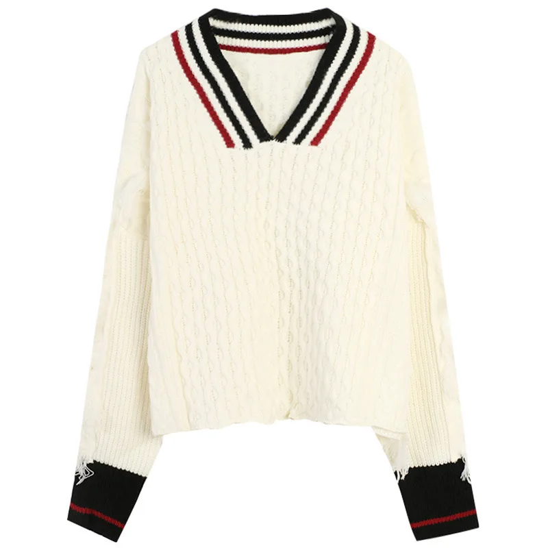 autumn and winter, new style, long sleeve, color contrast, V-neck, tassel, college style, loose knit top available