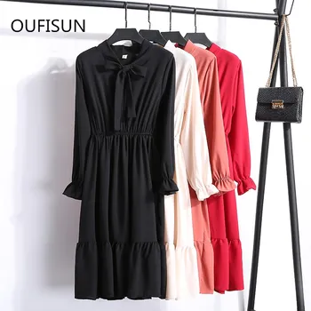 

Oufisun 2020 Summer Casual Women Bow Lace Up Maix Dress Fashion Empire Dot Party Dress Full Sleeve Ruffles Slim Pleated Dresses