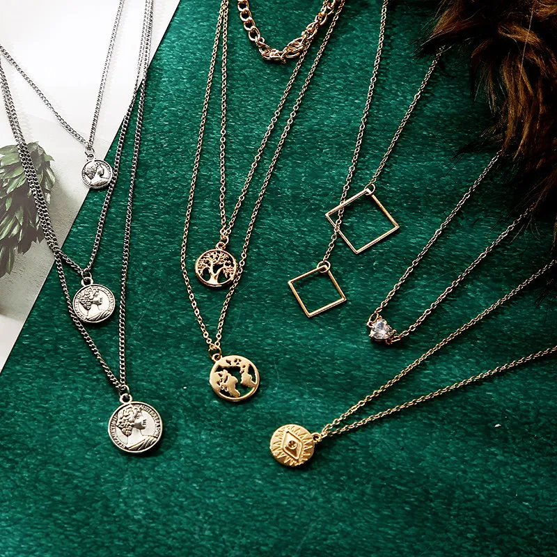 

Luokey Antique Gold Layered Pendant Necklace Modern Jewelry For Women Geometric Round Coin Evil Eye Necklace Collares Mujer 2020