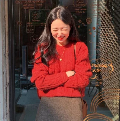 Новинка зимний красный свитер Женский пуловер топы для девочек винтажный