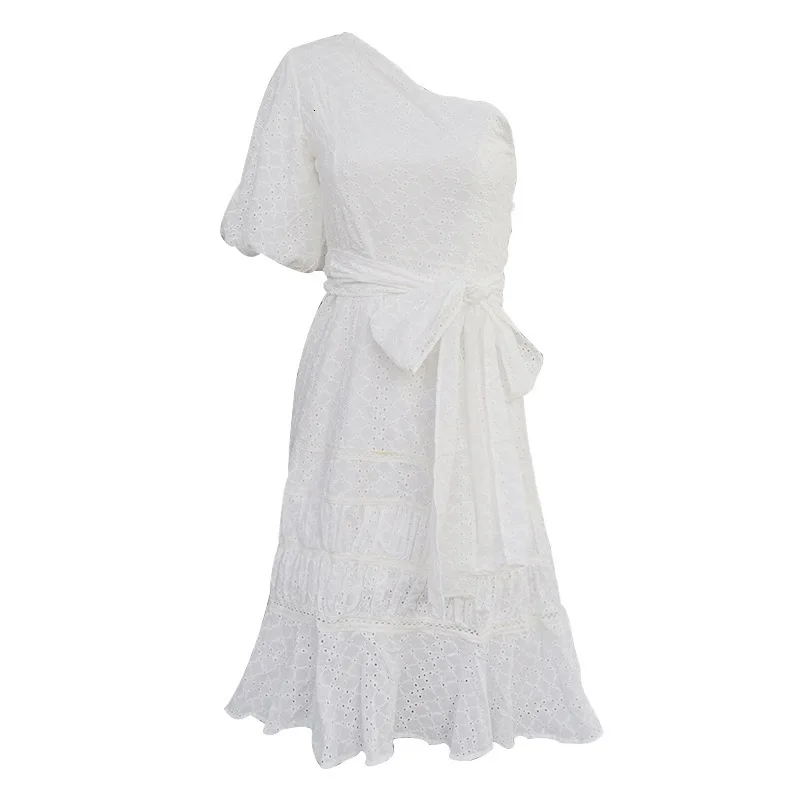 Summer Women Casual Ruffle Dress One Shoulder Puff Sleeve Party Dress High Waist Sashes Hollow Out Midi Dresses
