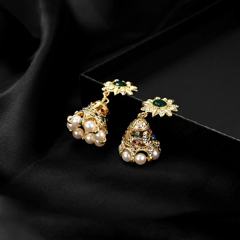 Серьги золотые цветы индийский Jhumka жемчуг таиландский Будда серьги для пирсинга винтажные богемные корейские модные вечерние ювелирные изделия бижутерия