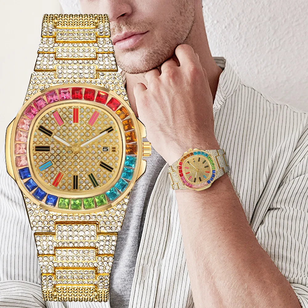 2pcs Bracelet Watches for Men Women Luxury Iced Out Watch Clock HipHop Men Gold Cuban Chain Watch Men Gift Set Relogio Masculino
