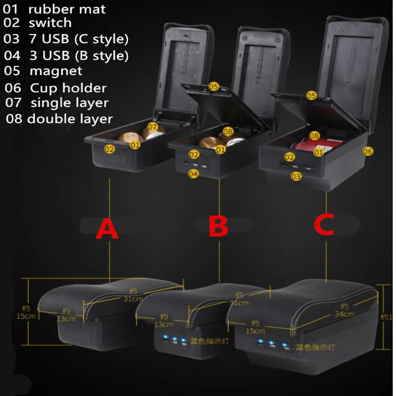 For Toyota Passo armrest box USB Charging heighten Double layer central Store content