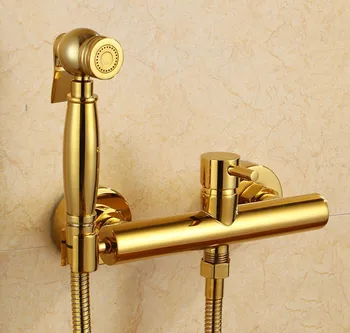 

Luxury gold all Solid Brass Toilet Handheld Bidet Spray golden Shower Sprayer Set With cold hot water faucet Valve with holder
