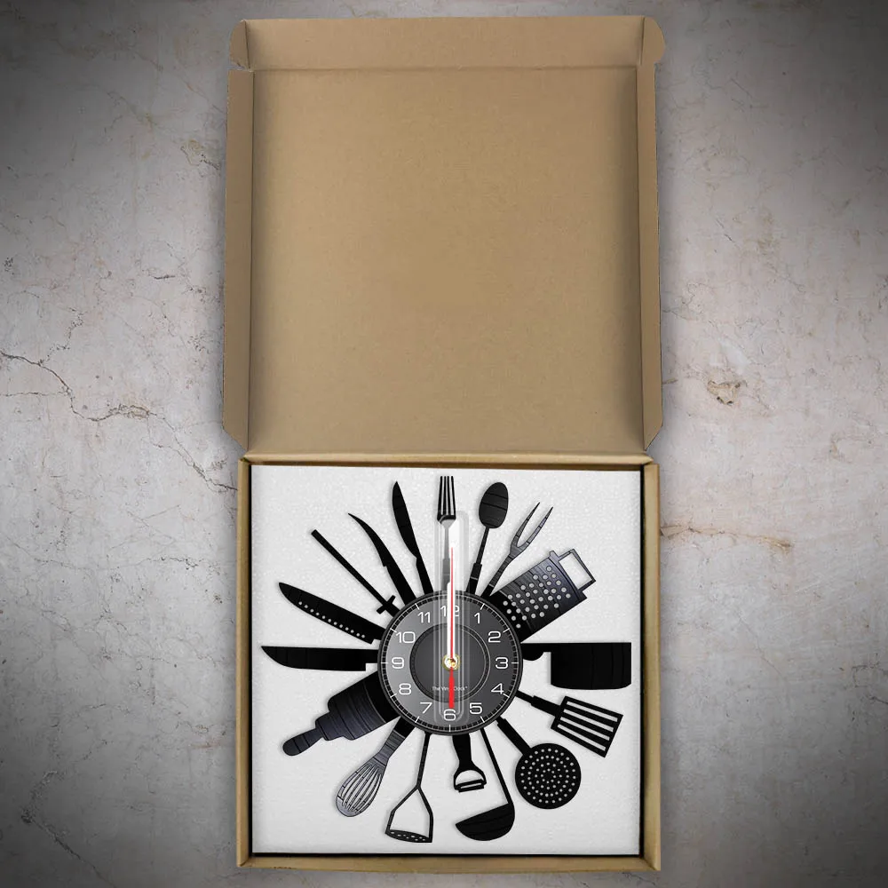 Cooking Set Wall Clock Knife Fork Spoon Vinyl Record Kitchen Home Decor Reloj De Pared Quartz Watch Zegar Scienny 3