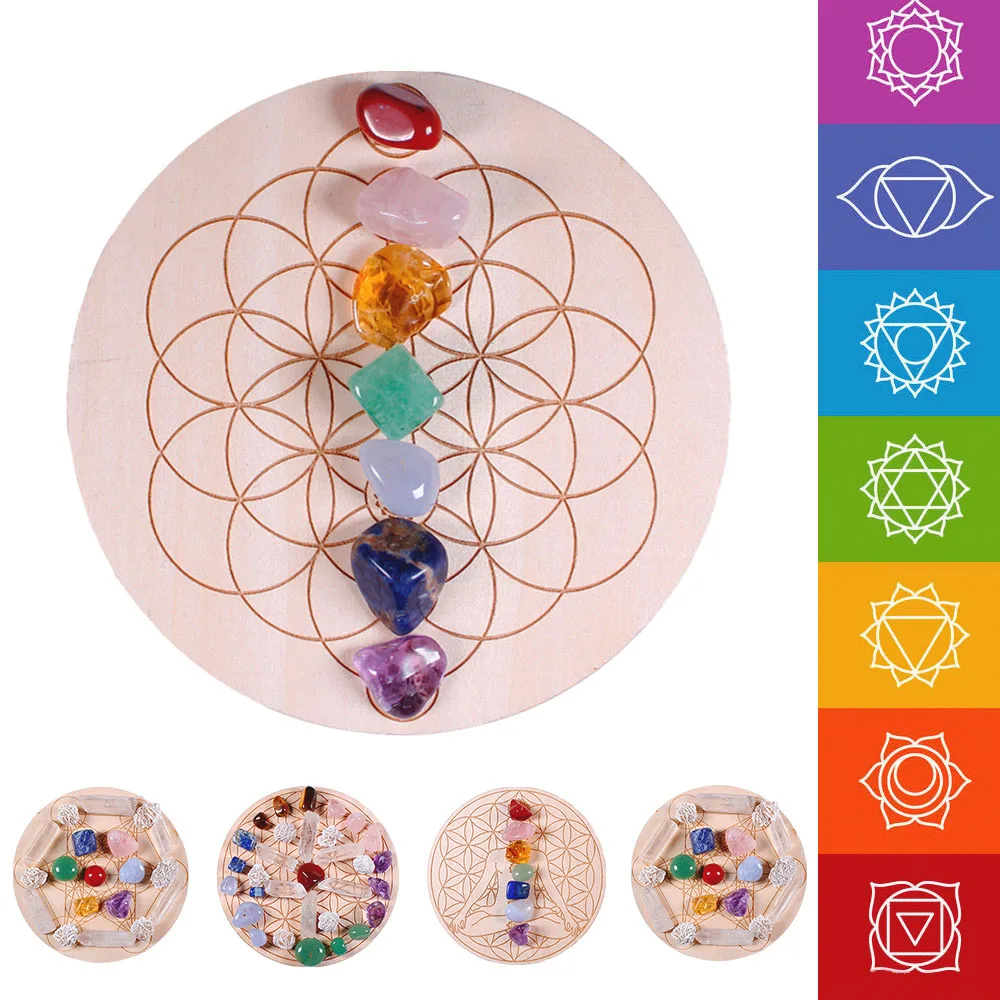 7pcs/set Natural Crystal Crushed Stone Mixed Seven Chakra Quartz + Seven Star Array Wood Plate Healing Balance Home Decor Gift