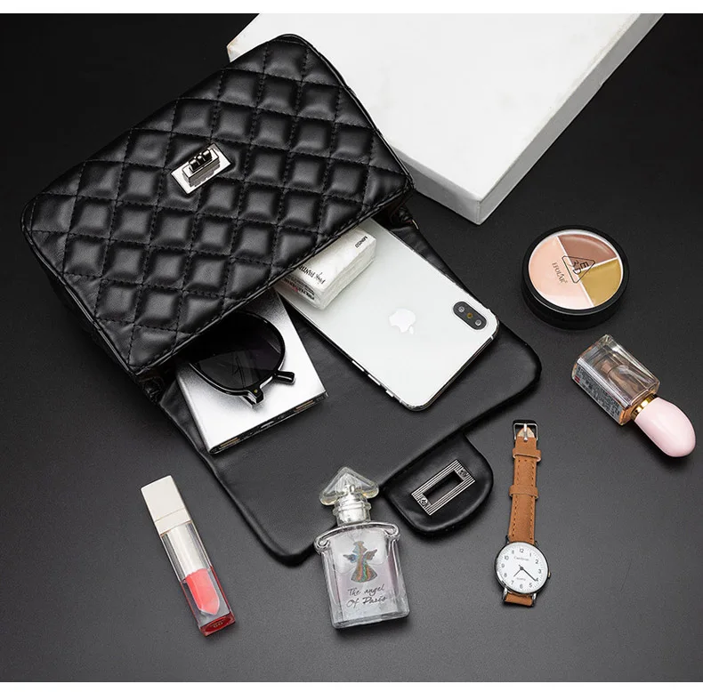 Luxury Handbags Women Bags Designer 2019 New Gold Chain Flap Purse for Ladies Soft Leather Quilted Plaid Lock Shoulder Bag Black (7)