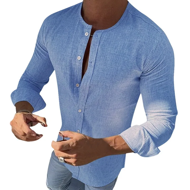 Light blue Oeak мужская повседневная хлопковая льняная рубашка с круглым вырезом пляжный костюм с длинным рукавом рубашка Осенняя приталенная однотонная Сексуальная мужская рубашка s мужские рубашки Новинка - Цвет: Light blue
