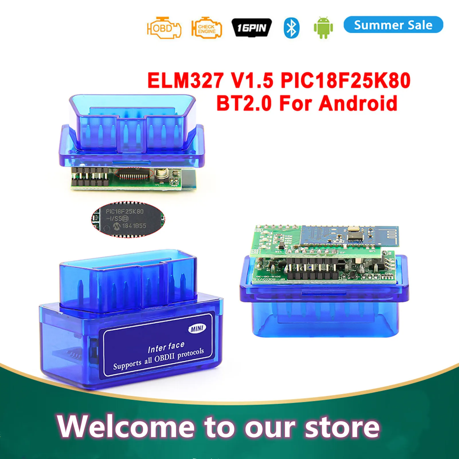 Super Mini Elm327 Bluetooth 25k80 V1.5 Elm 327 Obd Ii Auto Code Scanner  Elm-327 Obdii Adaptateur Elm327 Outil de diagnostic pour Andriod