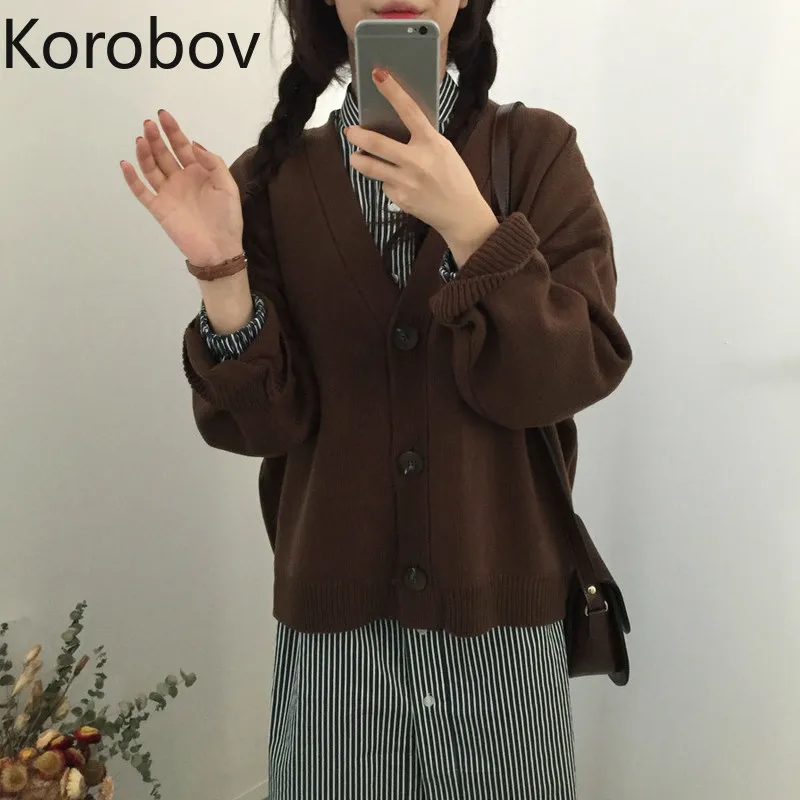 Korobov, Ретро стиль, однотонный, v-образный вырез, женские кардиганы, большие размеры, шикарный, Повседневный трикотаж, осень, Новое поступление, женские свитера 79318