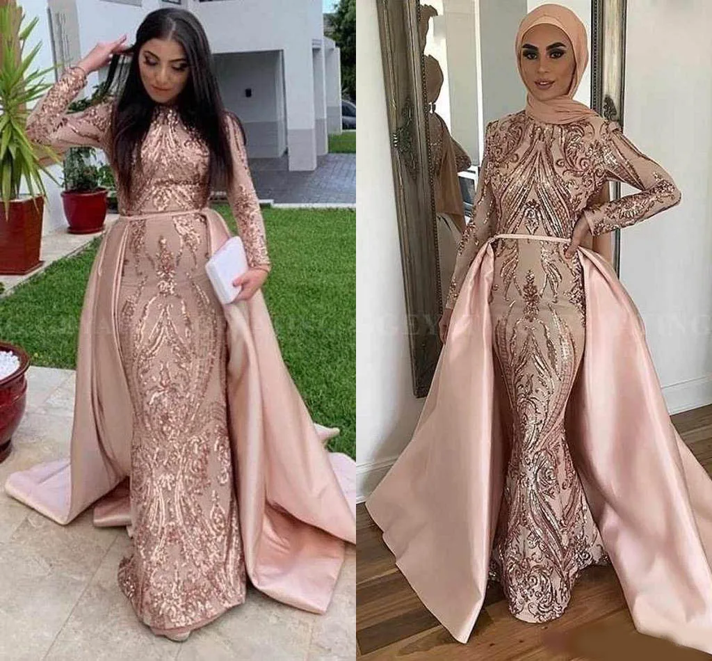 Saudi Arabia Long Sleeves Mermaid Prom Dresses With Detachable Train 2020 Sequins Special Occasion Wear Kftan Dubai Evening Evening Dresses Aliexpress