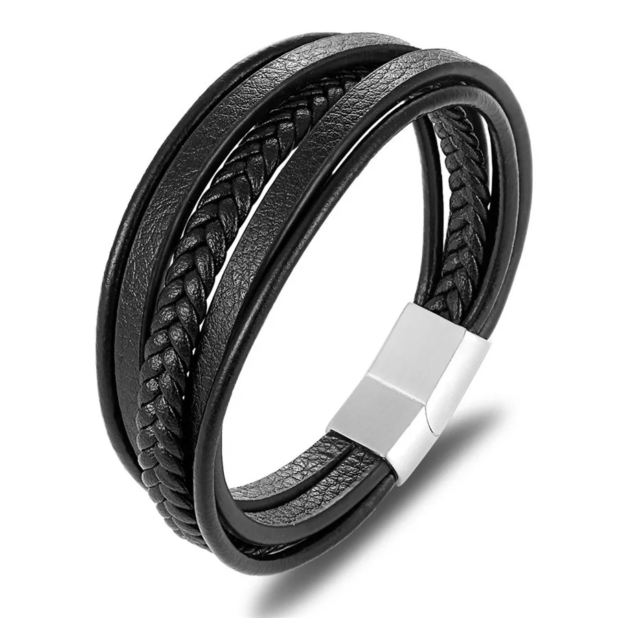 

19/21/23CM Genuine Leather Bracelet Black & Brown Color with Stainless Steel Buckle Easy Hook Bangle For Cool Boys Gift