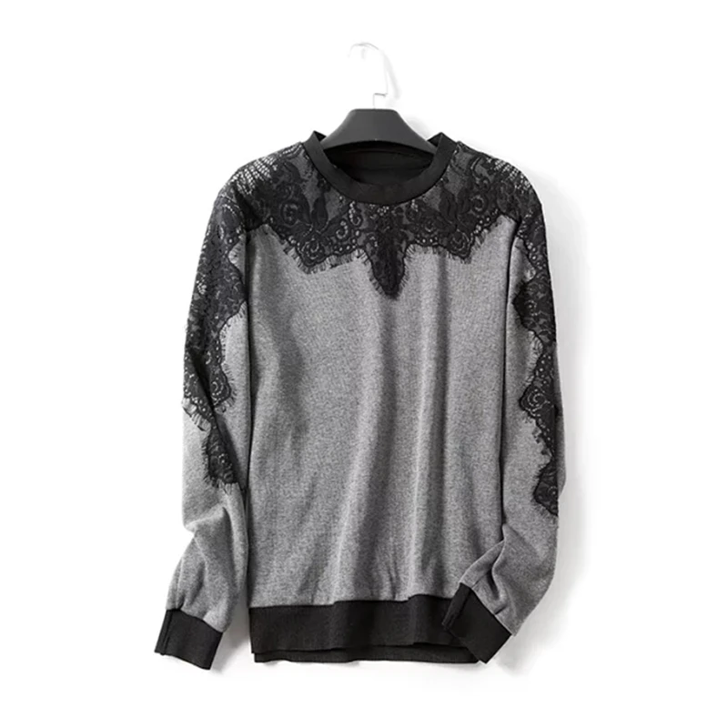 

Women's Sweatshirt O-neck Lace Patchwork Elegant Long Sleeve Casual Pullovers Top Female