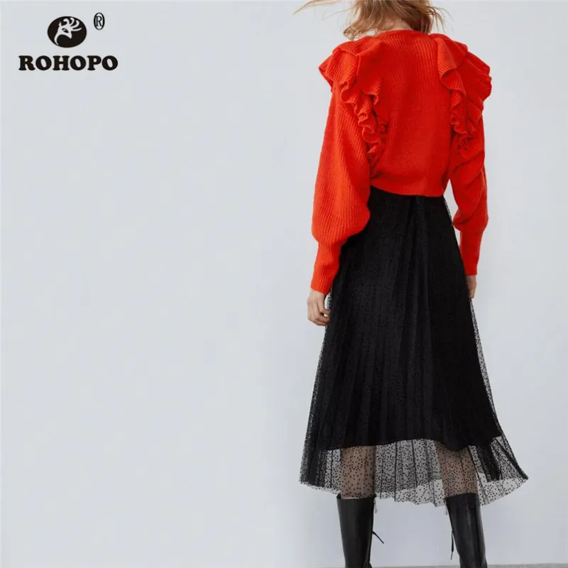 ROHOPO двухслойная шифоновая плиссированная Черная Юбка-миди в горошек, с высокой талией, шикарные вечерние юбки-гармошки до середины икры, Falda#19166