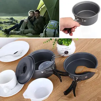

Strong Aluminum Alloy 8pcs Travel Pan Cooking Picnic Pot Camping Cookware Tableware Survival Outdoor Pot Tool Suit Camp