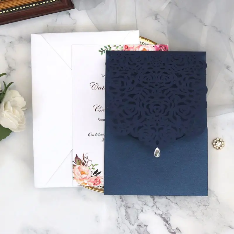  20pcs/set Laser Cut Rose Invitations Card with Rhinestone Kits Wedding Party - 4.0003E+12