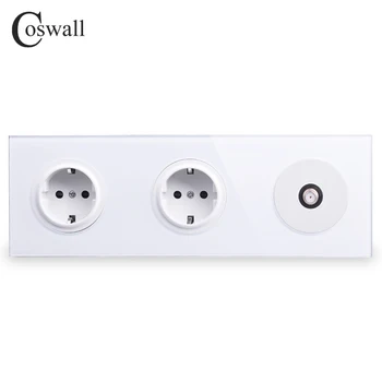

Coswall Tempered Pure Glass Panel 16A Double EU Standard Wall Power Socket + 1 Gang Satellite Connector R11 Series