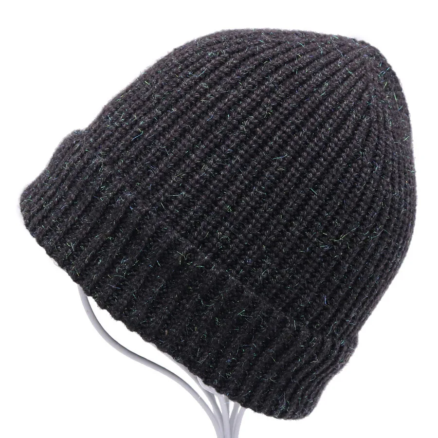 Зимние вязаные теплые шапки Skullies для женщин, кашемировая вязаная шапка бини, Женская шерстяная пушистая подкладка, Посеребренная пряжа - Цвет: Черный