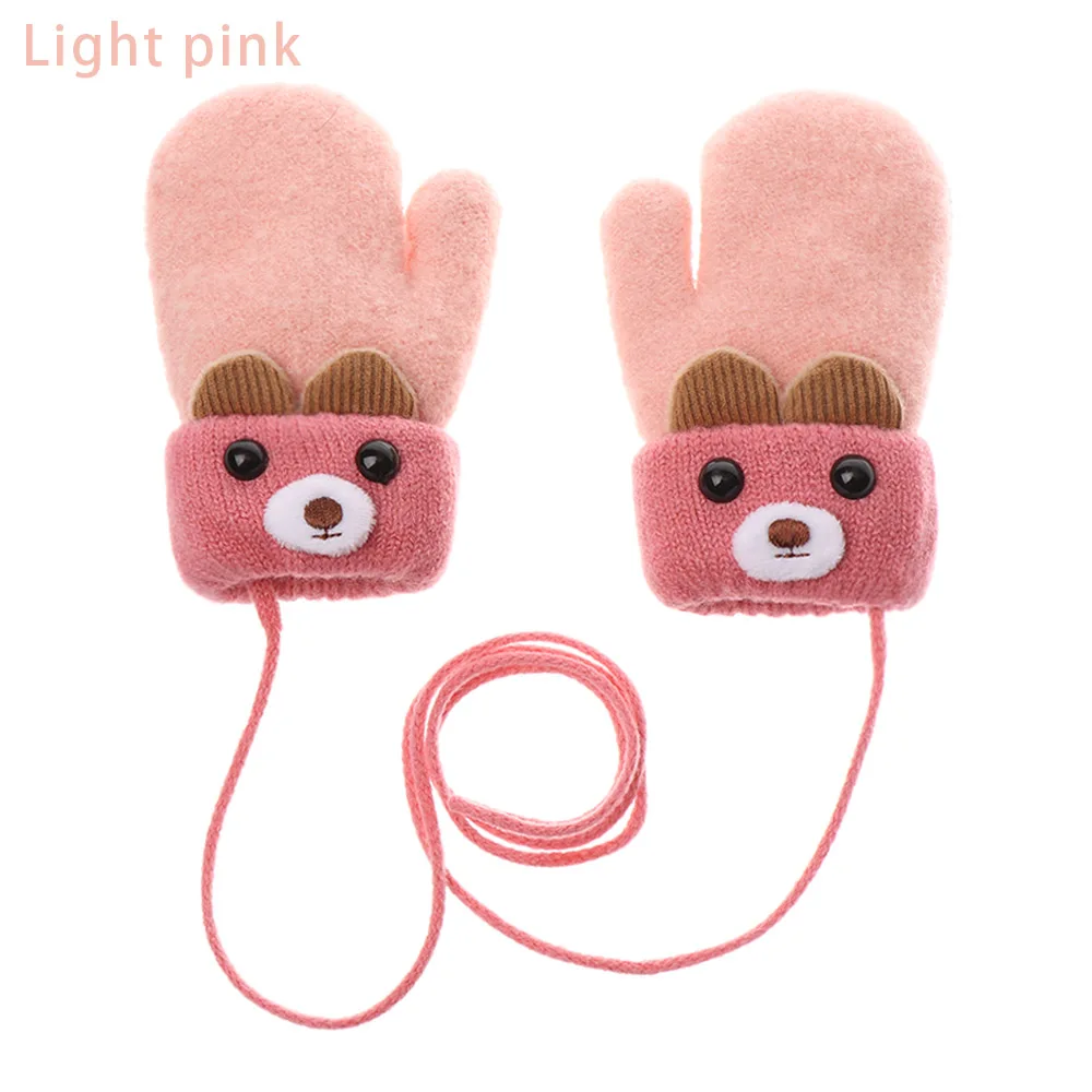 light pink Новые детские перчатки с милым медведем из мультфильма для детей от 0 до 3 лет, зимняя вязаная шерстяная одежда, теплые бархатные варежки для новорожденных - Цвет: light pink