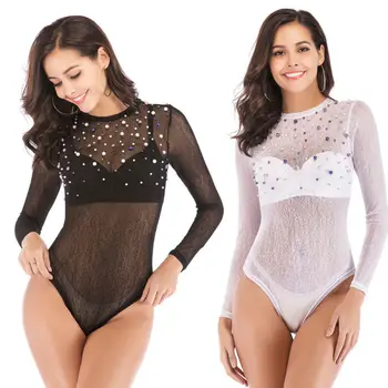 

Womens Sexy See Through Long Sleeve Bodysuit Tops Female Pearl O-neck Skinny Playsuit Rompers