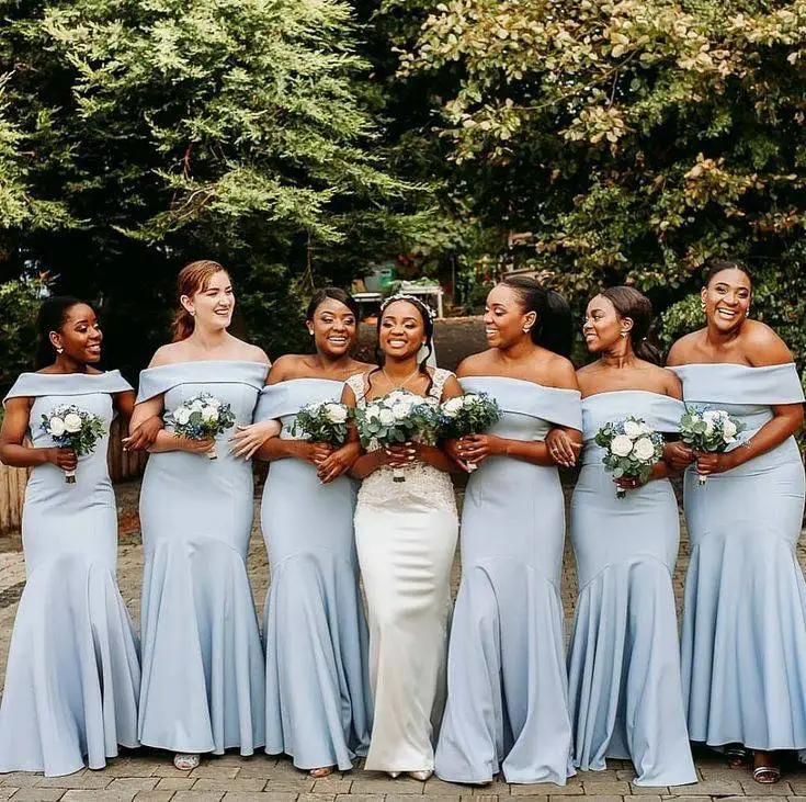 

Long Satin Ruffled Light Blue Mermaid Bridesmaid Dresses Off Shoulder Custom Lace Up Back Formal Wedding Party Dresses