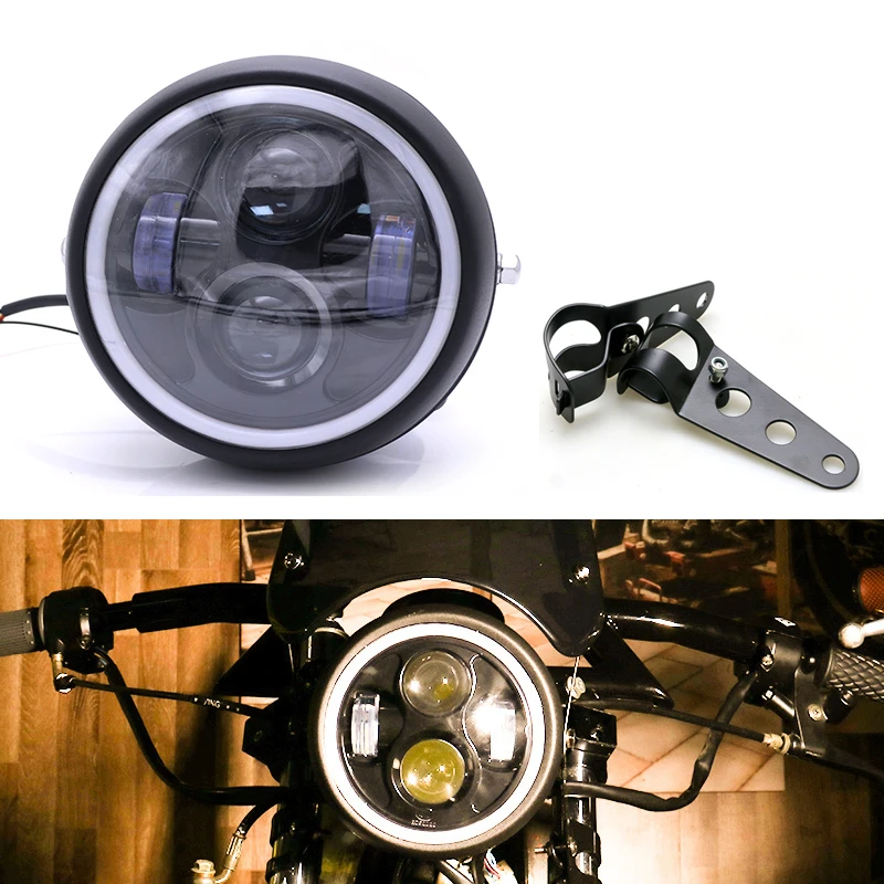Universal faro led para motocicleta DC 12V Scooter de la lámpara de la cabeza con corchetes Moto ronda faro Motor Retro negro luces LED frontal