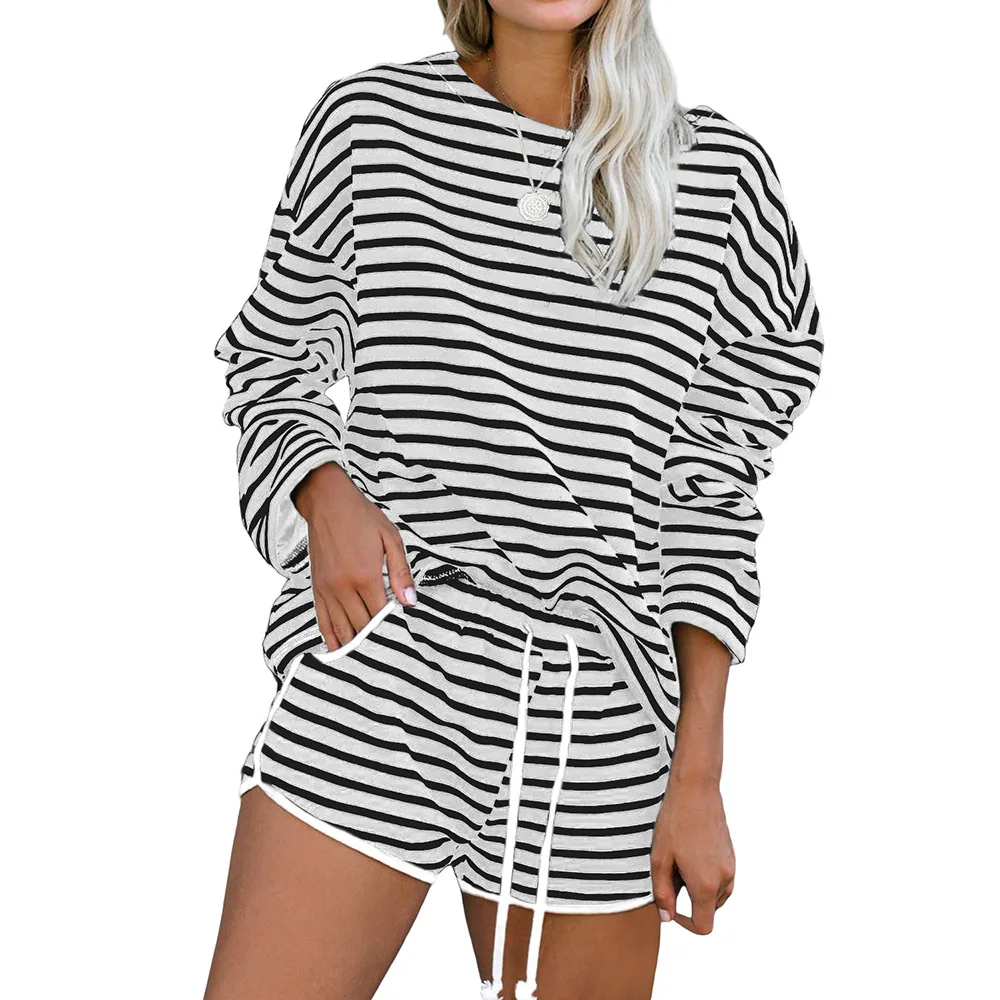 

European and American Women's Pajamas Set Polyester Striped Sleepwear Round Neck Full Shorts Set Leisure Wearable Home Clothes